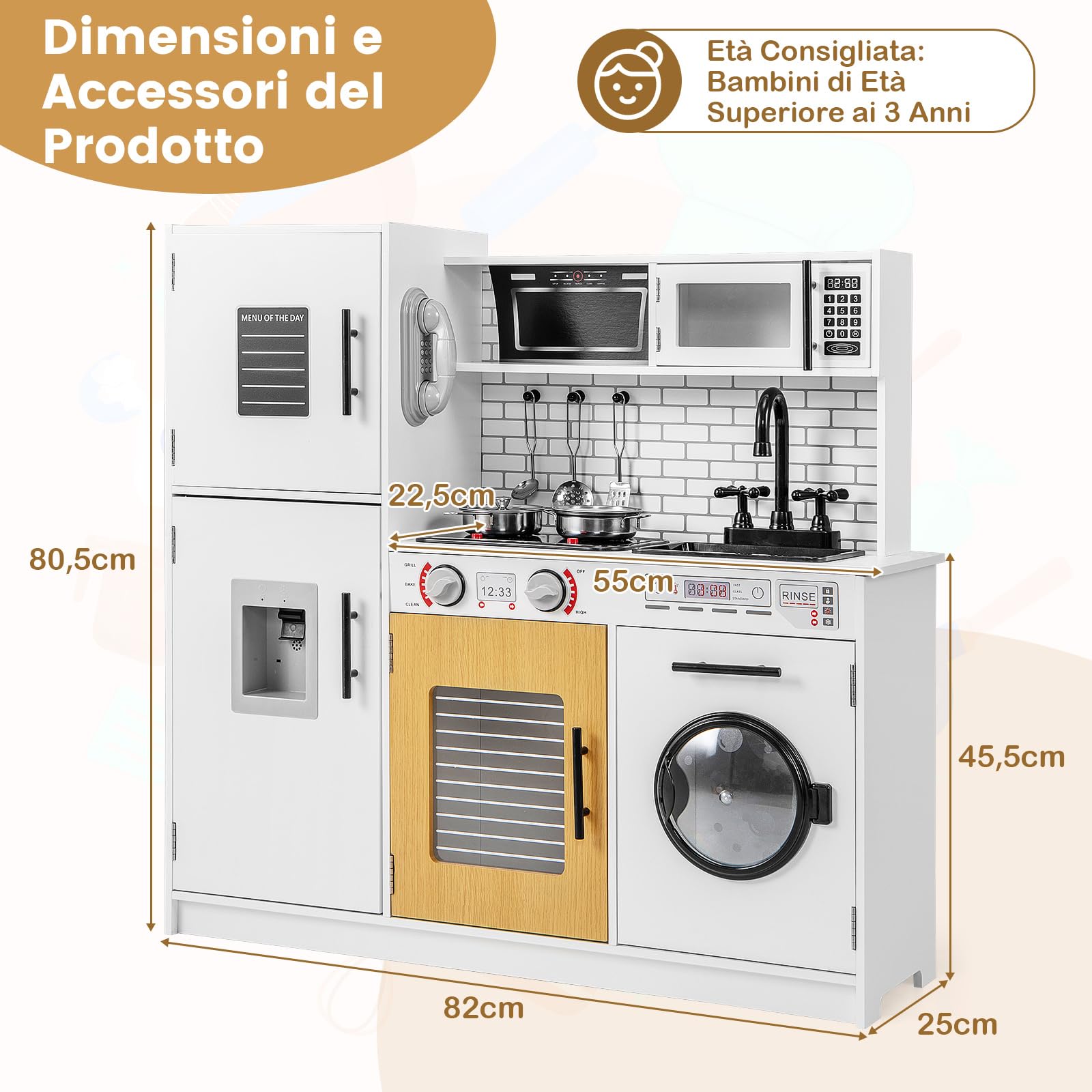 RELAX4LIFE Cucina Giocattolo per Bambini in Legno, Set da Cucina con Microonde, Fornello, Lavatrice, Pentole e Utensili, Effetti Luminosi e Sonori, 82 x 25 x 80,5 cm (Bianco)