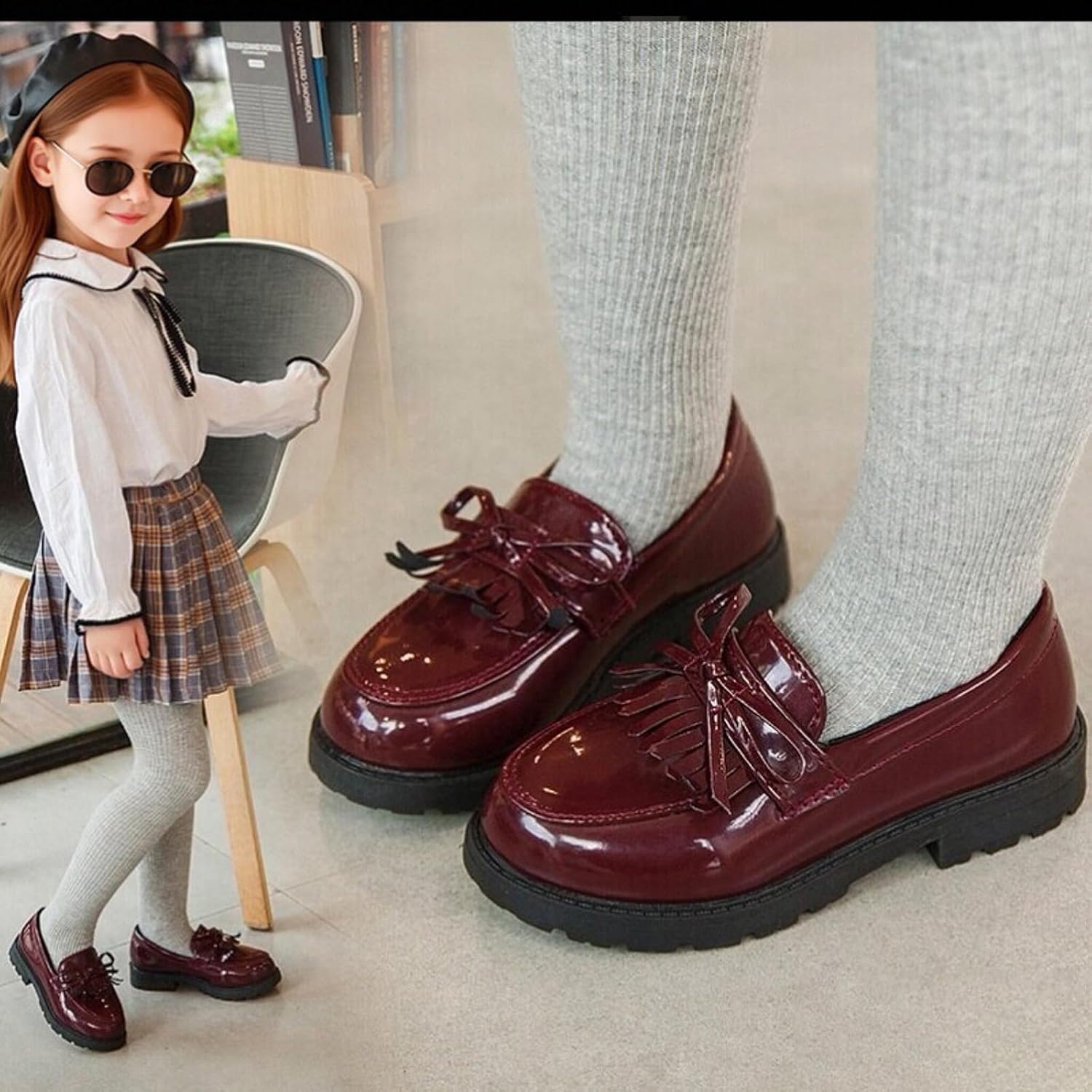 WUIWUIYU Girls Patent Leather Slip-On Penny Loafers Flats Bow Tassel Oxfords Moccasins Dress Shoes