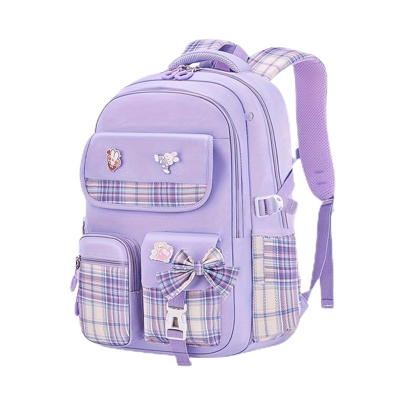 Cute Bow Cartoon School Bag | 18-Inch College Laptop Backpack for Women & Teens | Aesthetic Pink Plaid Daypack with Zipper Pouch for Travel, Tuition & Coaching-image-40