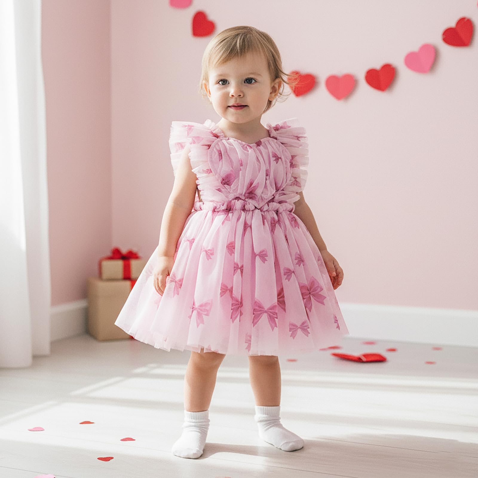 GXNRHG Baby Girl Valentines Tutu Sukienka Śliczny nadruk w kształcie serca Pończoch Suknie liniowe Letnia księżniczka Urodziny Party Wzburzona sukienka letnia