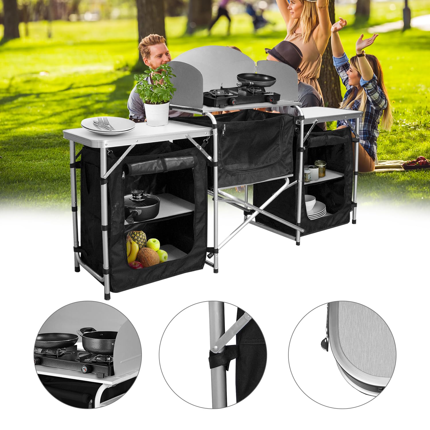Campingküche Outdoor mit Alu-Gestell - Schnell aufbaubarer Faltschrank 600D - Inkl. Campingmöbel für Outdoor-Küche - Verschiedene Größen/Farben wählbar - Ideal für Camping & Outdoor-Aktivitäten