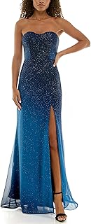 Womens Strapless Sweetheart Neck Corset Top Glitter Ombre High Slit Gown