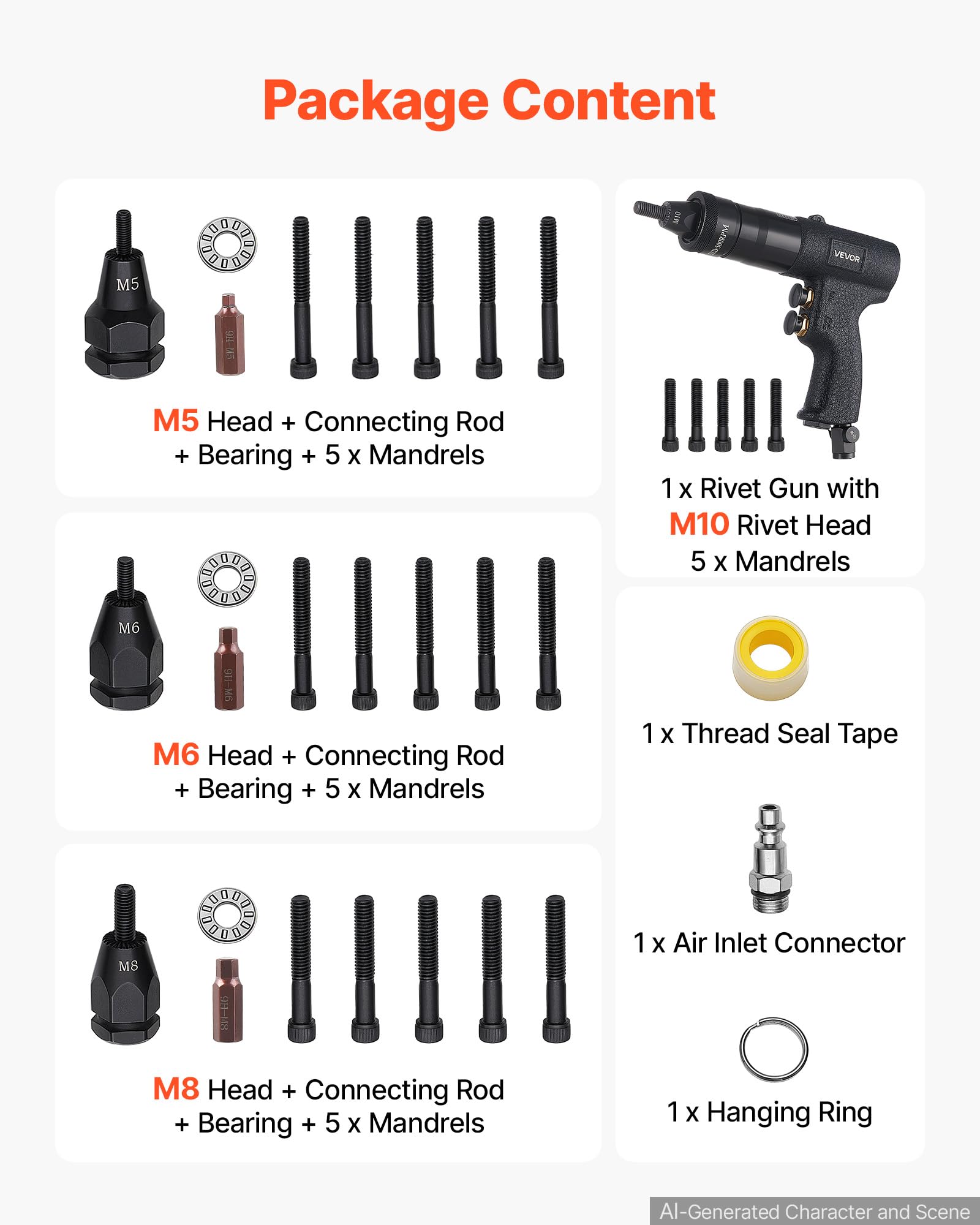 VEVOR Kit Rivettatrice Pneumatica per Inserti Filettati, 20 Pezzi Mandrini | Mandrini M5 M6 M8 M10, Forza di Trazione 1134 kg, Interruttore Avanti/Indietro, per Auto, Edilizia e Produzione Industriale