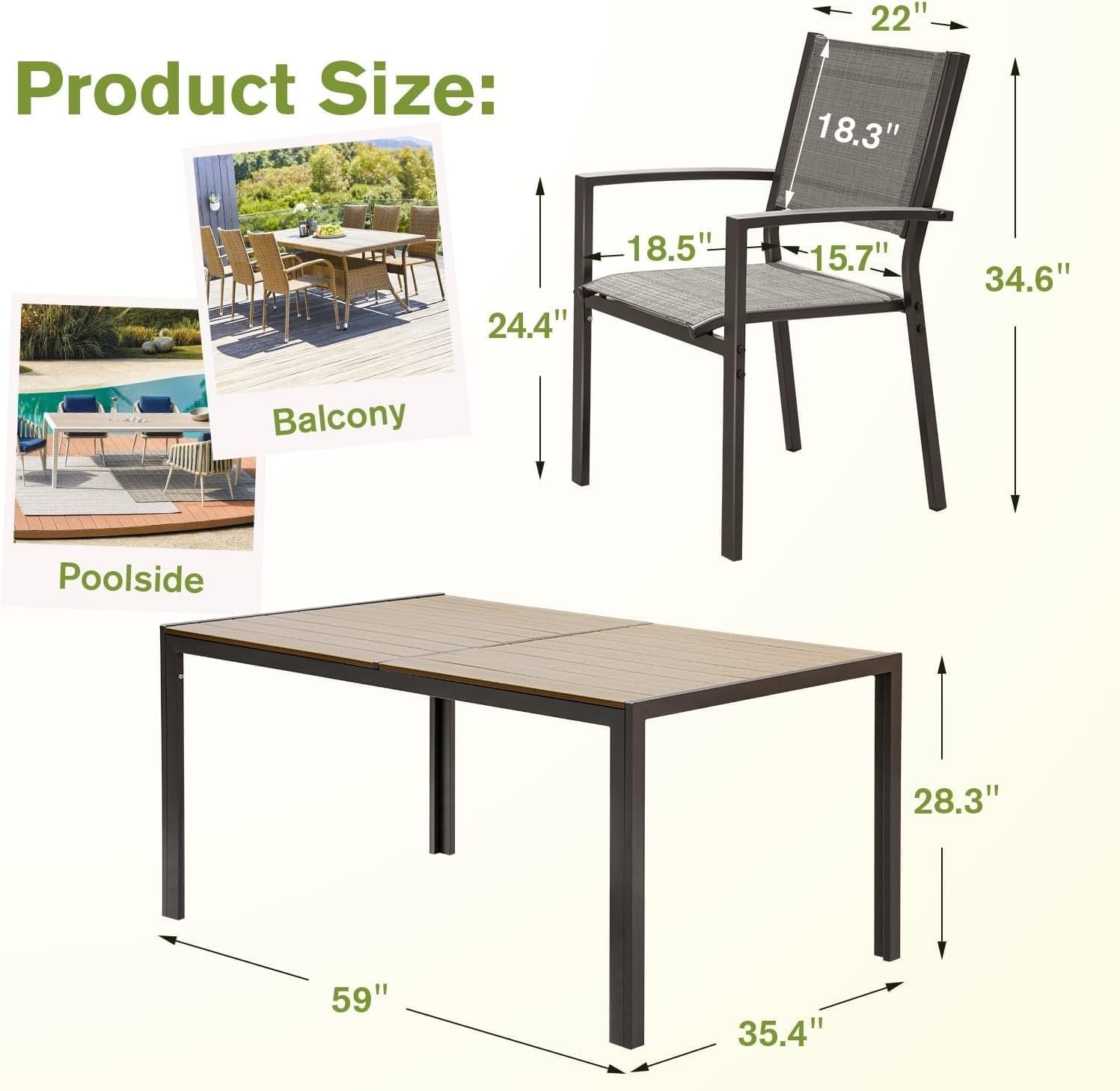 7 Pieces Patio Outdoor Furniture Set with Large Dining Table and 6 Chairs Patio Conversation Sets for Backyard Porch Balcony Poolside Garden(Brown)