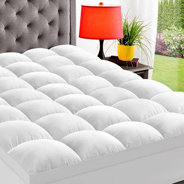 ELEMUSE Queen Cooling Mattress Topper for back pain, Extra Thick Mattress pad Cover, Plush Soft Pillowtop with Elastic Deep Pocket, Overfilled down alternative filling