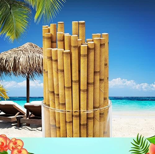 Miniatura 5 de Paquete de 100 pajitas de papel de bambú amarillo biodegradables, pajitas tropicales desechables para tartas