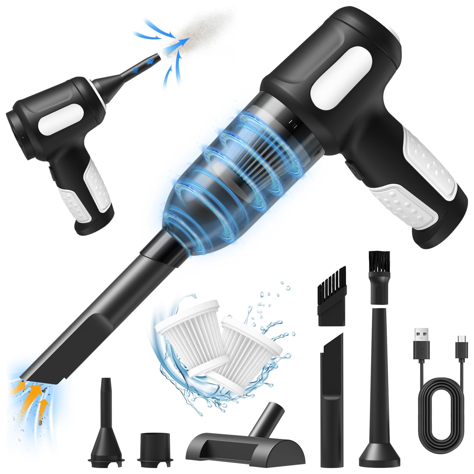 Aspirapolvere Auto Piccolo, 7000Pa Aspirabriciole Senza Fili Potente Ricaricabile con USB, 3 in 1 Mini Aspirapolvere Senza Fili Auto e Soffiatore d'aria e Pompa a Mano con Ugelli Multipli e 2 Filtri