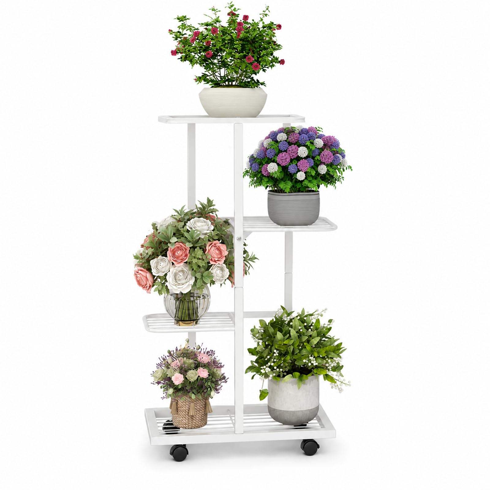 Lxoraziy 4-Tier Plant Stand with Wheels, White Metal Flower Pot Shelf Indoor / Outdoor, Mobile Plant Display Rack for Living Room, Balcony, Bedroom and Entryway