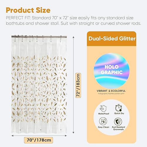 Miniatura 2 de Cortina de ducha de plástico, cortina de ducha impermeable de PEVA con diseño, ojales inoxidables, tamaño estándar 70 x 72 pulgadas, cortina de