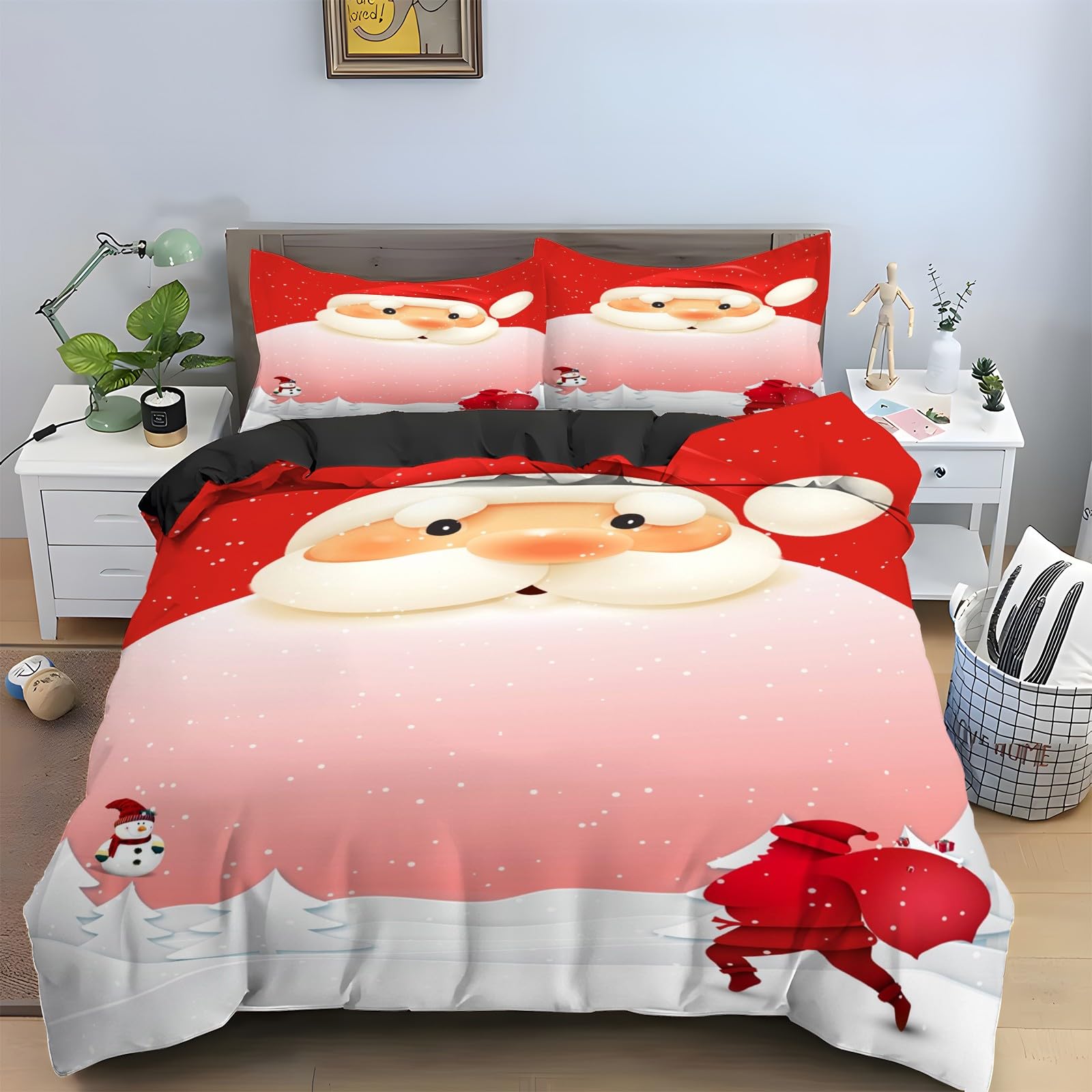 Housse de couette 220x240 Père Noël et parure de lit microfibre avec fermeture éclair