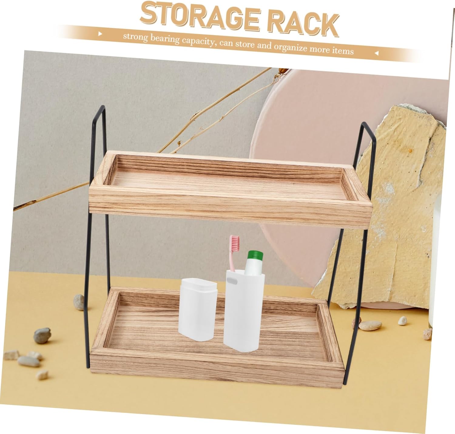 Double Wooden Countertop Organizer Rack for Kitchen Spices and Bathroom Cosmetics Wear Resistant Storage Shelf for Cosmetics Holder and Seasoning Organizer Multi Purpose Tabletop