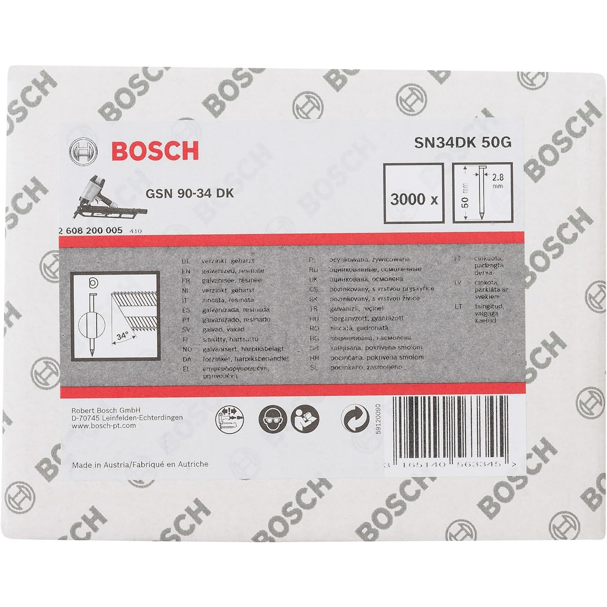Bosch 3000x Clous en bande PRO SN34CH, tête coupée 34° (Longueur 50 mm,)