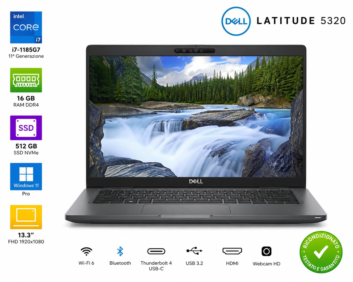 Dell Latitude 5320 13.3" Full HD Notebook – Intel Core i7-1185G7 – 16GB RAM – SSD 512GB – Windows 11 Pro – Wi-Fi 6 – Webcam – USB-C Thunderbolt – Tastiera QWERTY Italiana (Ricondizionato)