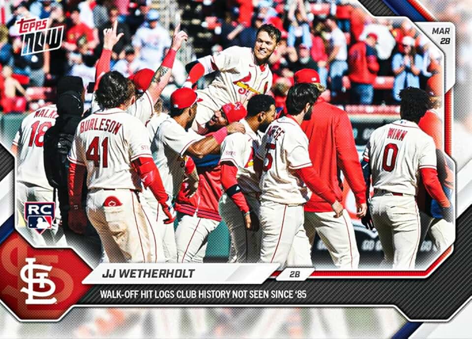 2026 Topps Now JJ Wetherholt #18 Walk Off Hit Logs Club History Not Seen Since '85 St Louis Cardinals Rookie RC Baseball Card