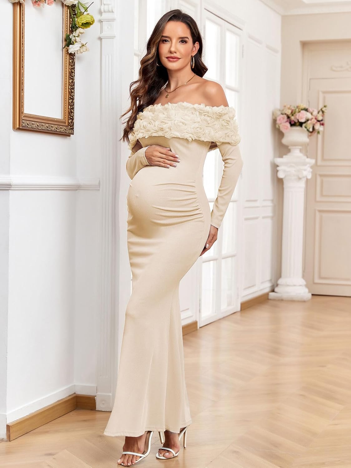 3D Floral Off The Shoulder Maternity Dress Sexy Ribbed Mermaid Maxi Bodycon Pregnancy Dresses Baby Shower - Image 5