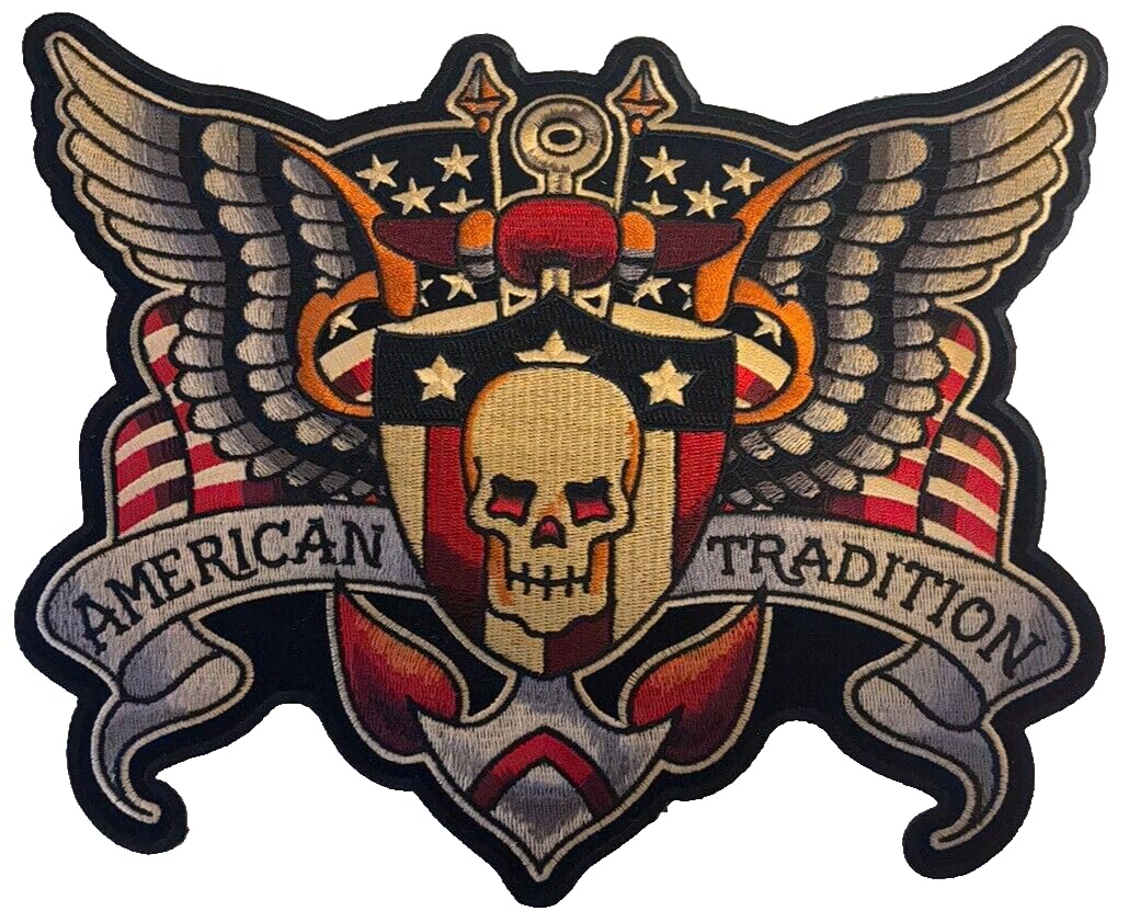 American Tradition Skull Wings Patch 10x8 Inch Iron on Large Biker Back Patch