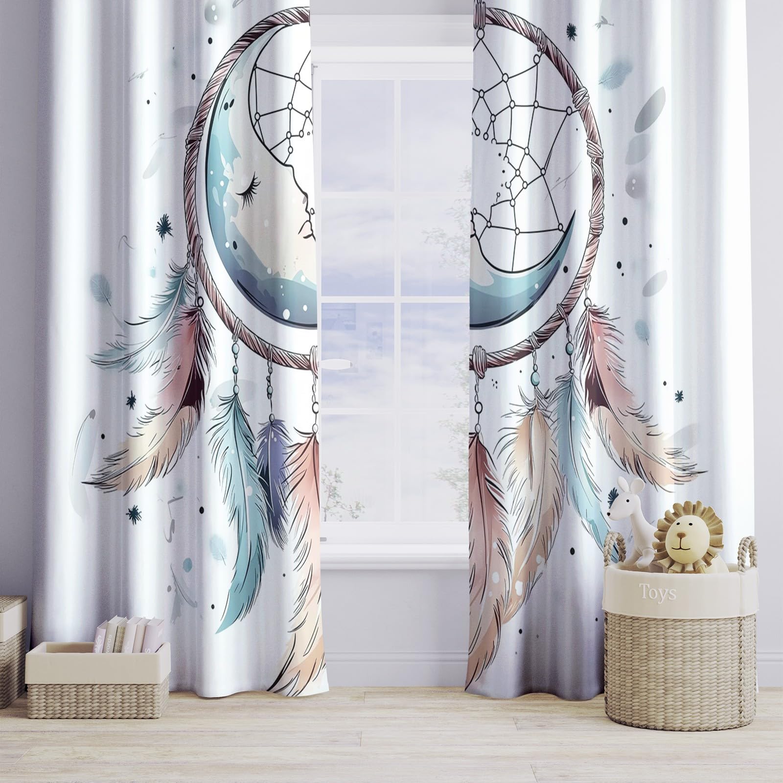Para zasłony zaciemniające łapacz snów pióro księżyc miękka zasłona termiczna niebieska izolacja do salonu, sypialni i wnętrza 140 x 220 cm (3 panele)