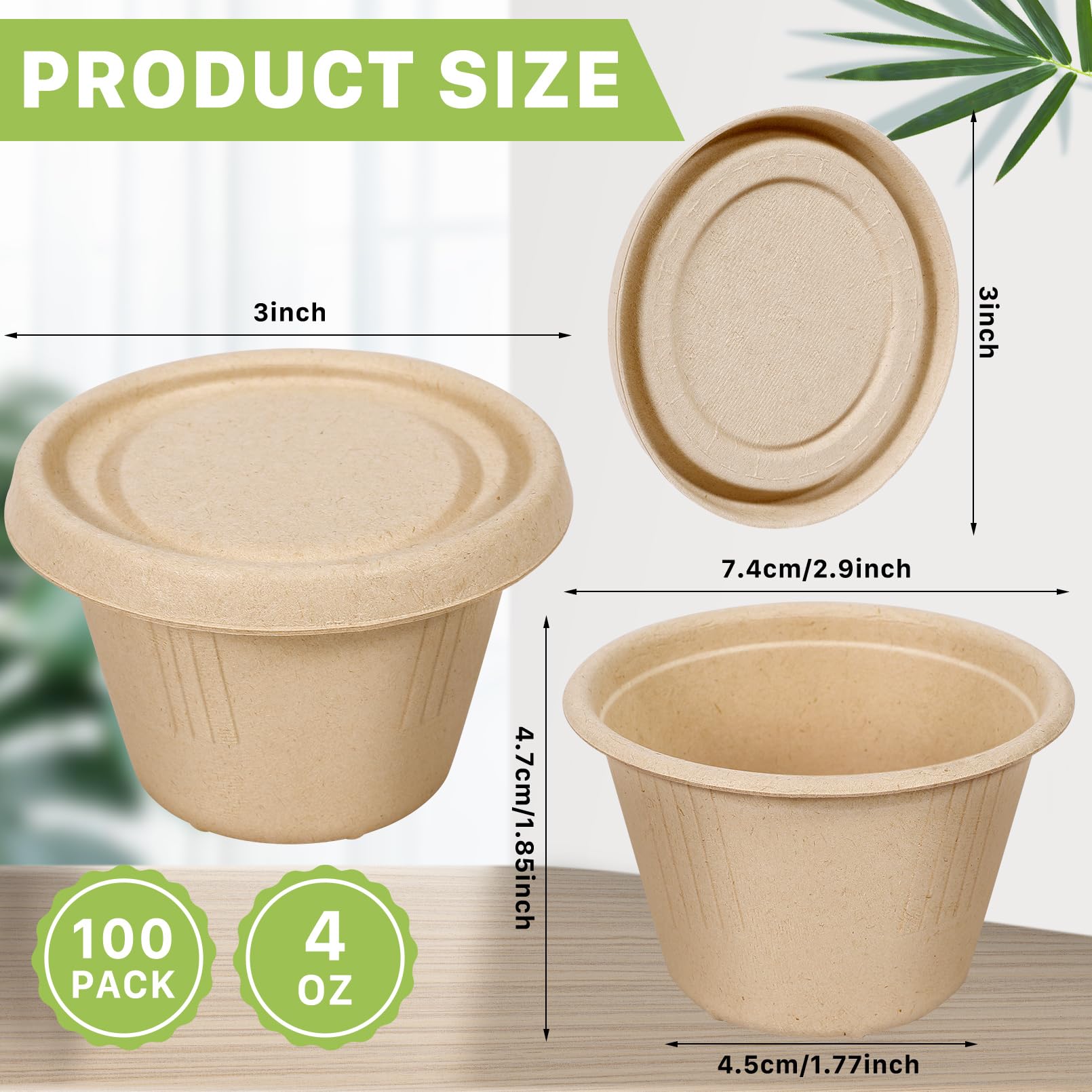 Tivcck 4 oz Bagasse Fiber Condiment Cups with Lids,100 Pack Disposable Souffle Cup,Biodegradable Sample Cups,Compostable Portion Cups for Snack Salad Dressing(Natural)