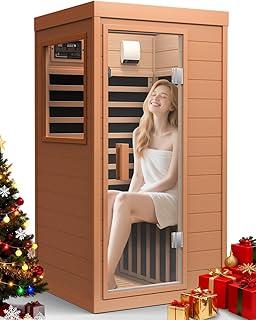 Infrared Sauna with Red Light, Hemlock 1 Person Dry Sauna with Backrest, 1062W Fast Heating Low EMF Sauna with 5 Carbon Heaters, Sauna Infrared with Bluetooth & Integrated Speakers (Red)