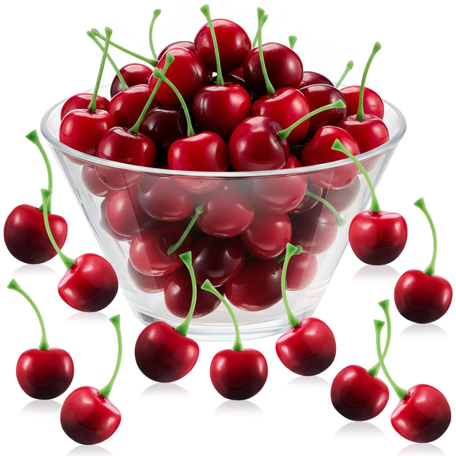 Photo 1 of  2 SkyletyFake Cherries Artificial Cherry Fruit Decorations Simulation Cherry Party Decorations for Cake Decor Home Kitchen Cabinet Photography Prop Cognitive Party Favors (Dark Red)
