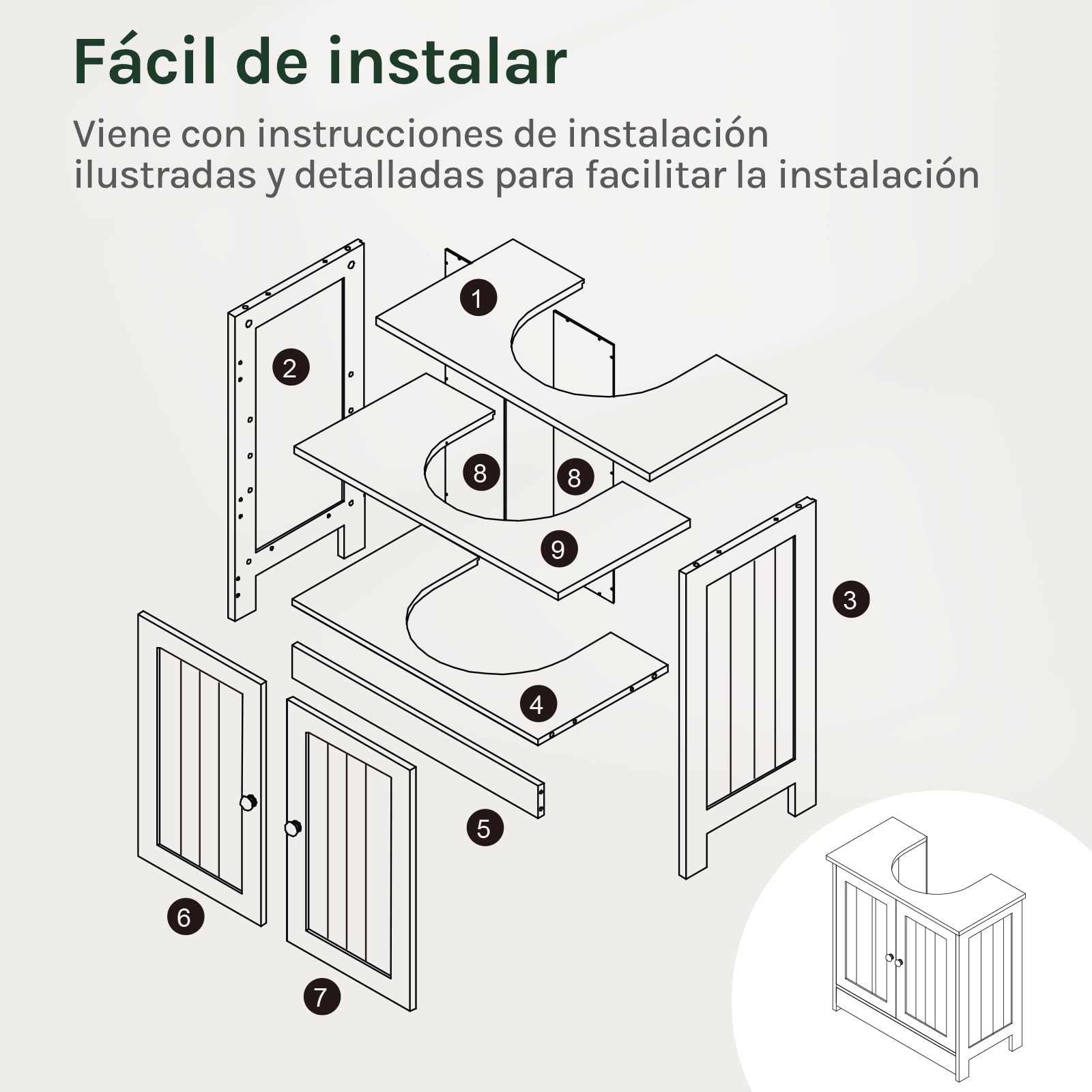 WOLTU Mueble para Debajo del Lavabo Madera, 2 Puertas para Cuarto de Baño 60x60x30cm, Gris