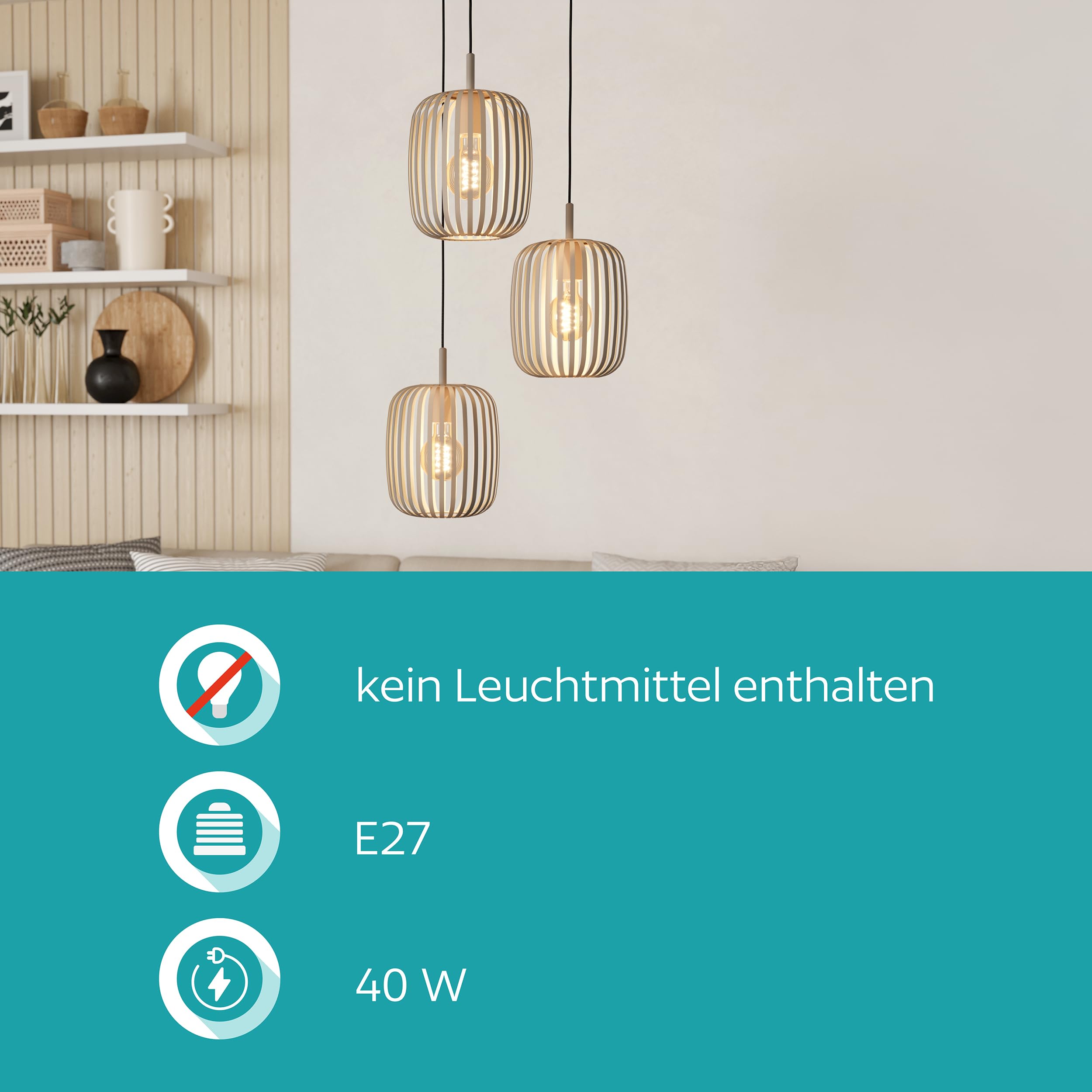 EGLO Pendellampe Romazzina, 3-flammige Pendelleuchte über Esstisch, runde Hängeleuchte aus Metall in Sandfarben, Hängelampe mit E27 Fassung, Ø 46 cm