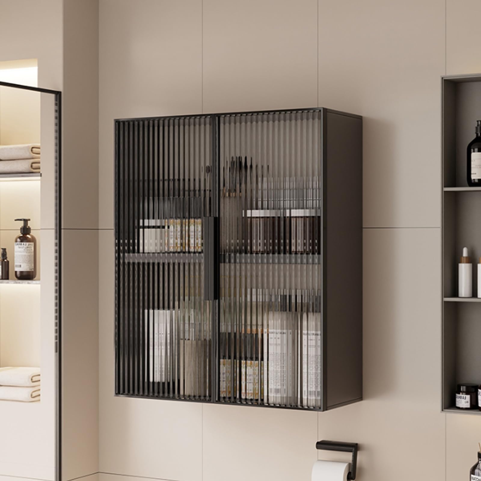 Wall Mounted Aluminum Bathroom & Kitchen Sto Cabinet Over The Toilet Metal Versatile Mcine Cabinet & Makeup Shelf For Efficient Space Saving Soluts,Black+Black-60*15*50Cm,Black+black-60*15*50cm/23.6*