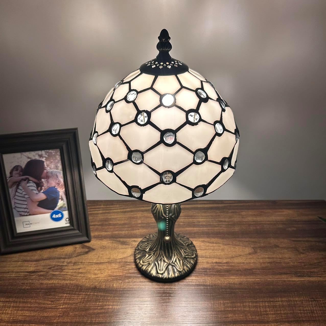 White Stained Glass Mini Table Lamp Crystal Beans LED Bulb Included for Bedroom Living Room 8" W*8" D*15" H