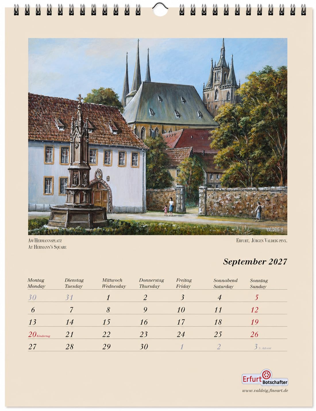 Alt-Erfurt Wandkalender 2027 - Erfurt - Stadt im Grünen Herzen Deutschlands von Jürgen Valdeig - 36 Jahre Kunstkalender mit historischen & aktuellen Motiven, Thüringen, Mittelalter, Bild Kalender