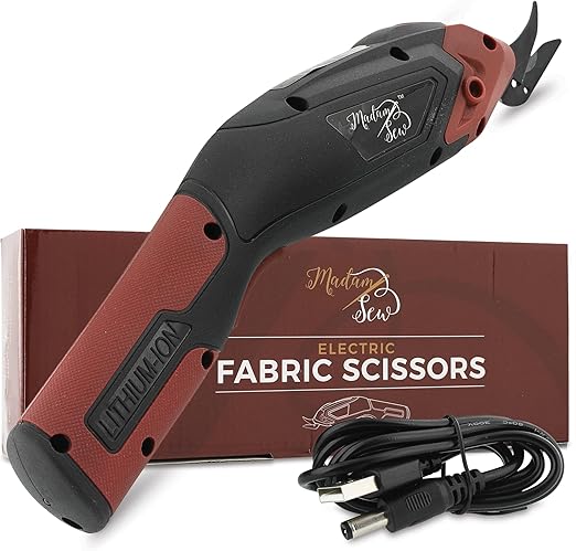 Madam Sew Cordless Electric Scissors for Cutting Fabric | Heavy Duty Electric Fabric Cutter Rechargeable with REPLACEMENT BLADES, Non-Slip Grip | Electric box cutter for Cardboard, Denim, Sewing, wool