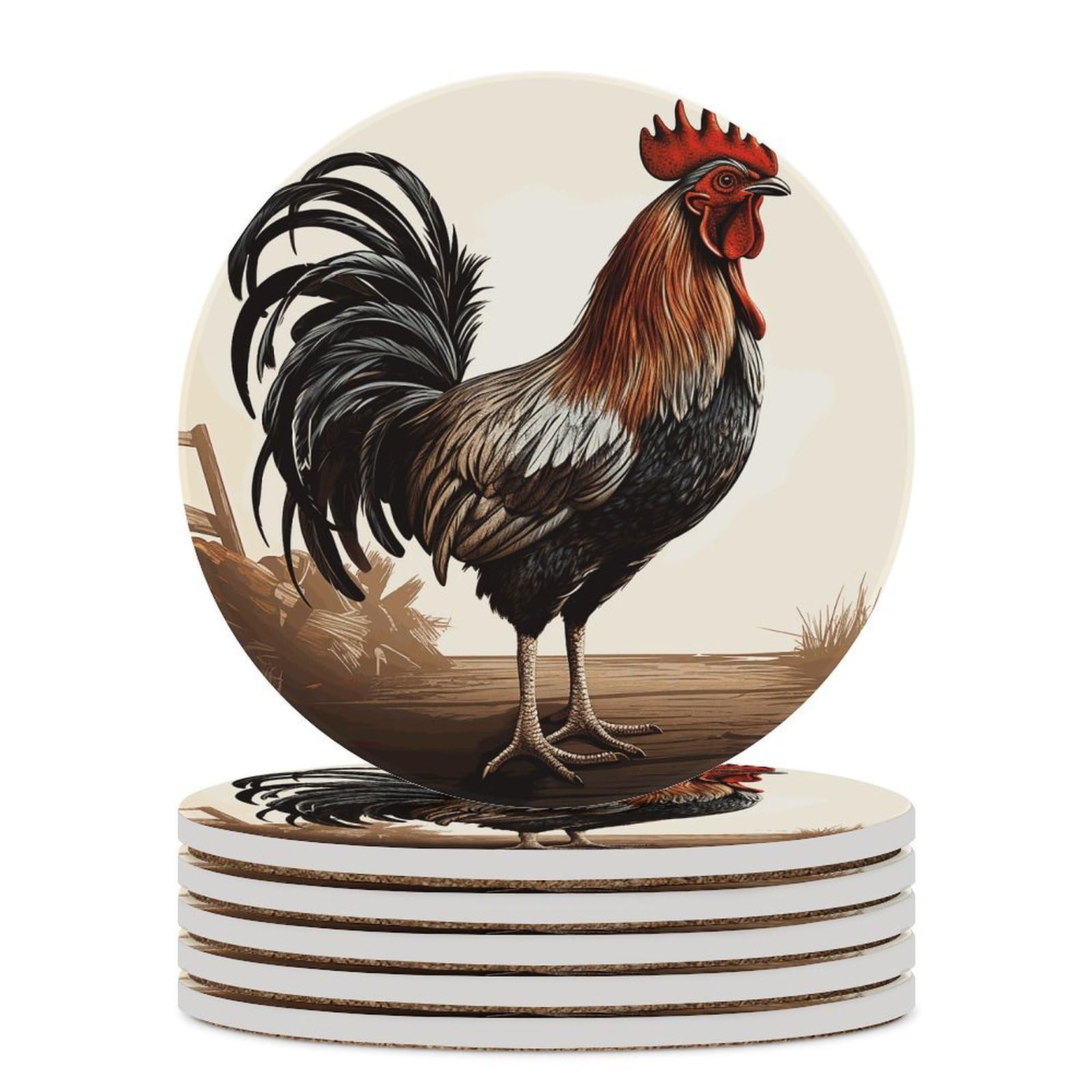 Rooster Drink Coasters with Holder for Coffee Table,Ceramic Coaster with Cork Base,Ceramic Stone Coaster for Iced Cold Or Hot Drinks,4.1 Inches