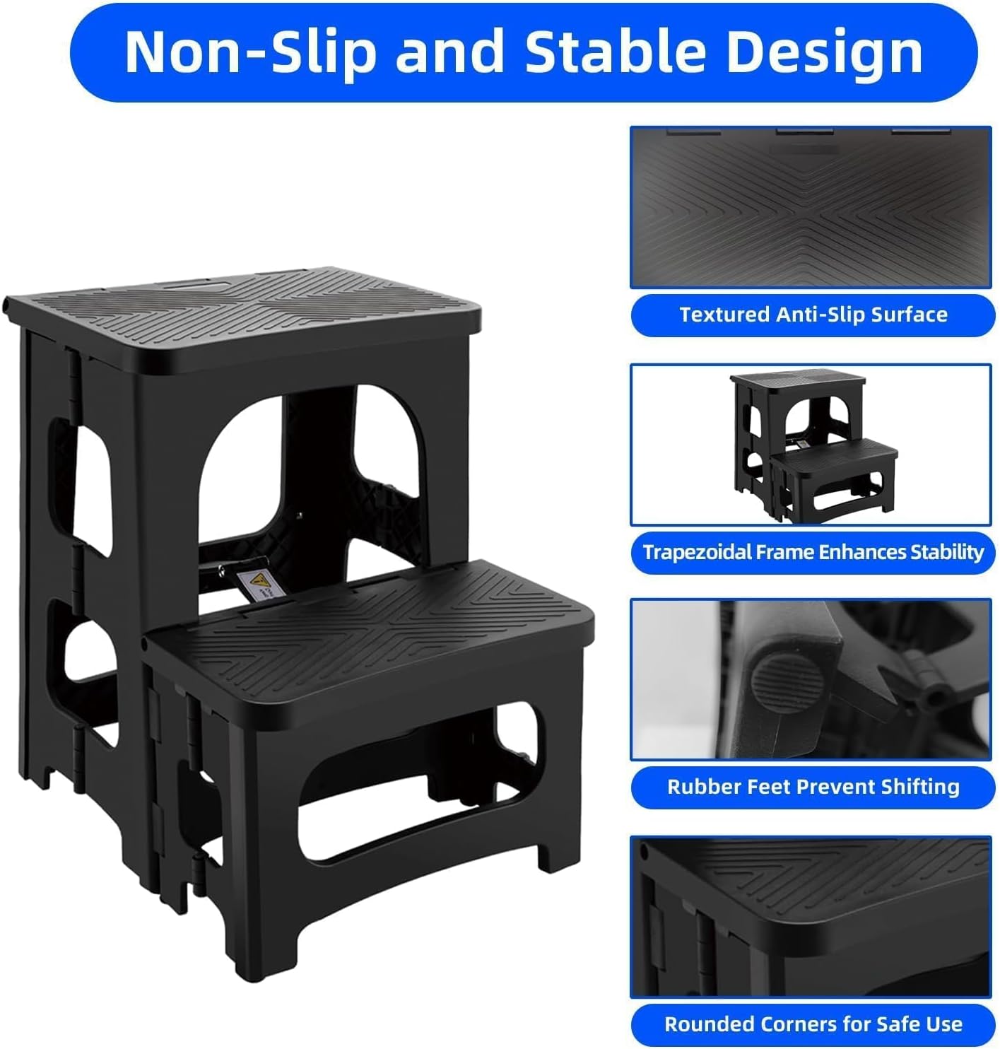 Collapsible 2-Step Stool, 8x17inch Non-Slip Hot Tub Steps Outdoor, Foldable Step Ladder, Hold up to 300 lbs, Plastic 2 Step Pool Ladder for Kitchen Office Home RV, Black (Black)