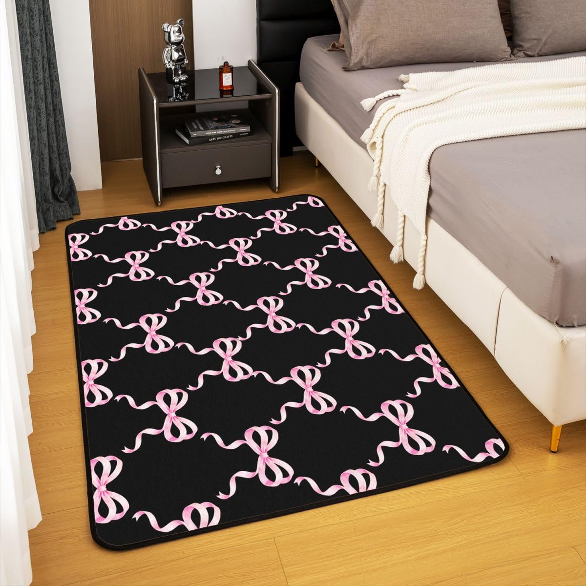 Homewish Czarno-różowa kokardka uroczy geometryczny dywanik 150 x 200 cm do sypialni - kokarda księżniczka dywany dla dzieci salon wstążka kawaii nie gubi włosia dywan dziewczyny ciepłe miękkie