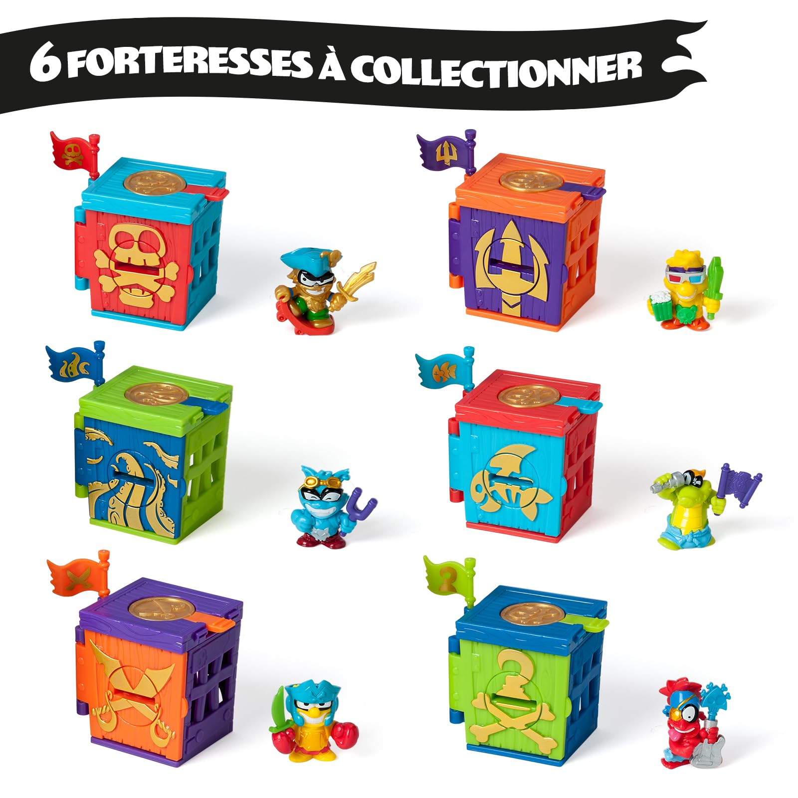 Série PIRATIX Trésor d'or - 12 Forteresse. Chaque boîte Contient 1 forteresse Surprise, 1 Piratix Surprise, 1 Accessoire, 1 Drapeau Exclusif et 1 trésor Exclusif