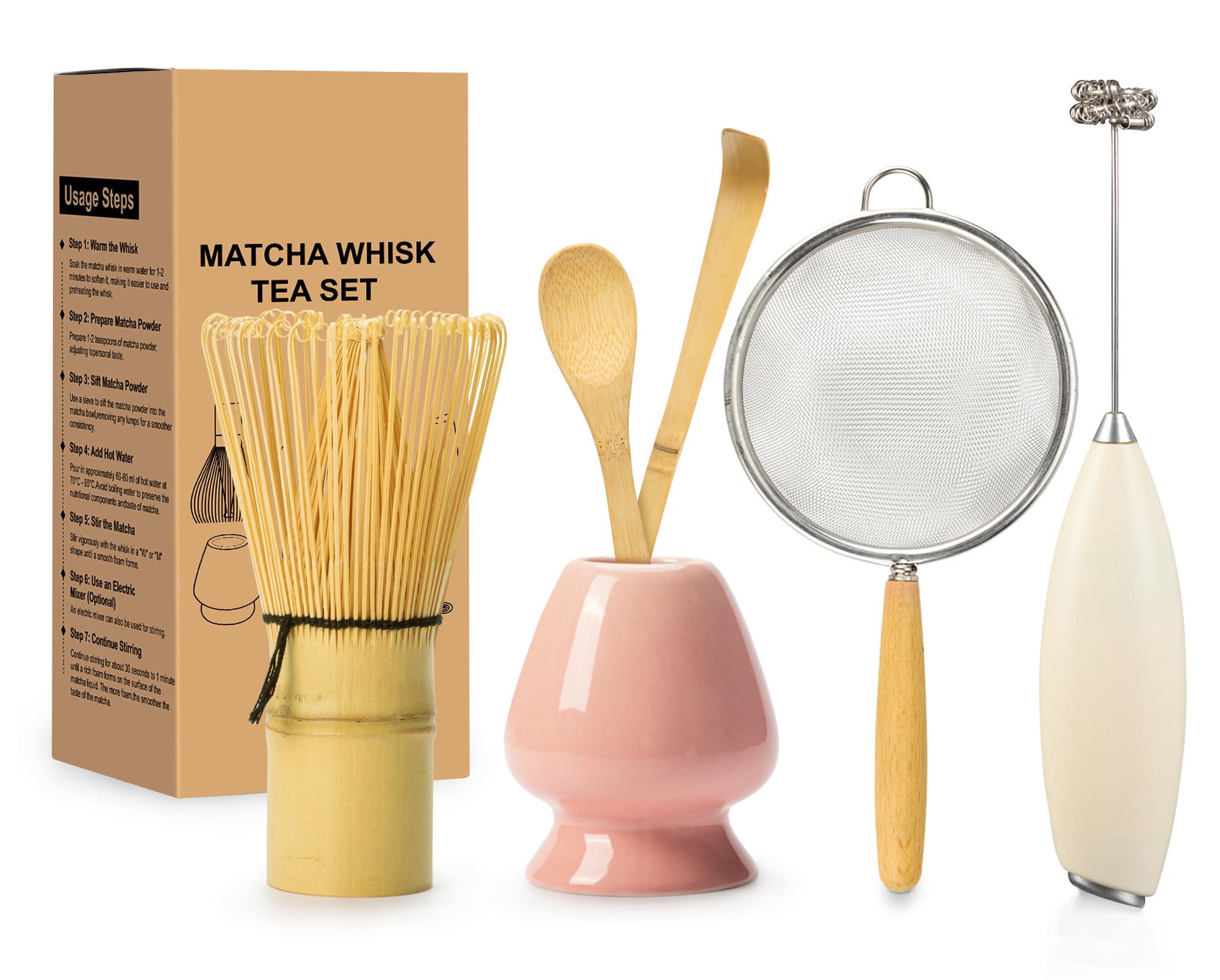 FEXIA 6 Pcs Matcha Whisk & Frother Set Matcha Making Kit Includes Matcha Sifter, Bamboo Whisk (chasen), Whisk Holder, Scoop, Spoon, Japanese Traditional Tea Tools Ceremony Gift
