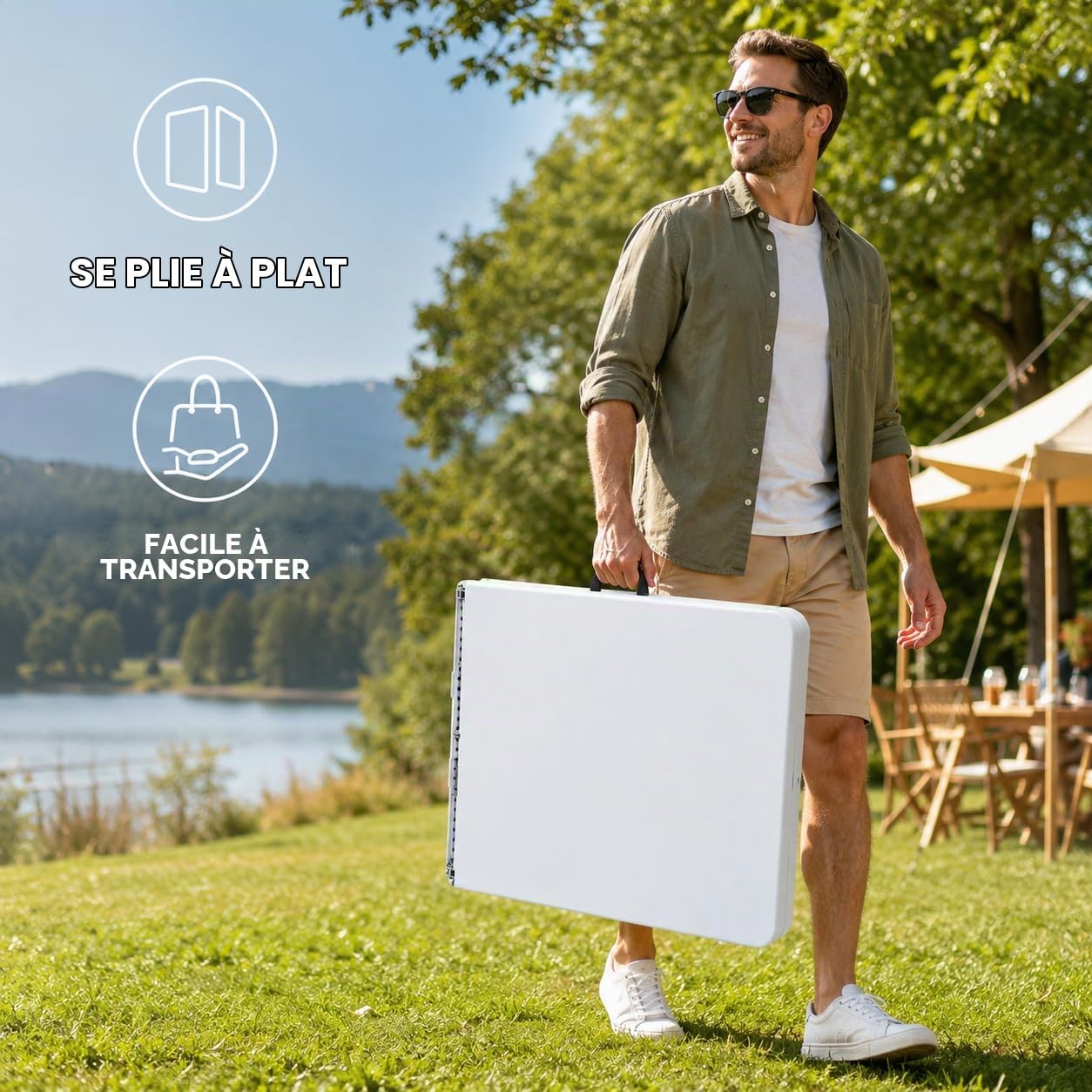 Ensemble Table 2X Banc de Jardin en Plastique Traiteur Pliante Table Buffet Picnic Plateau Camping Pliable avec Poignée en Blanc