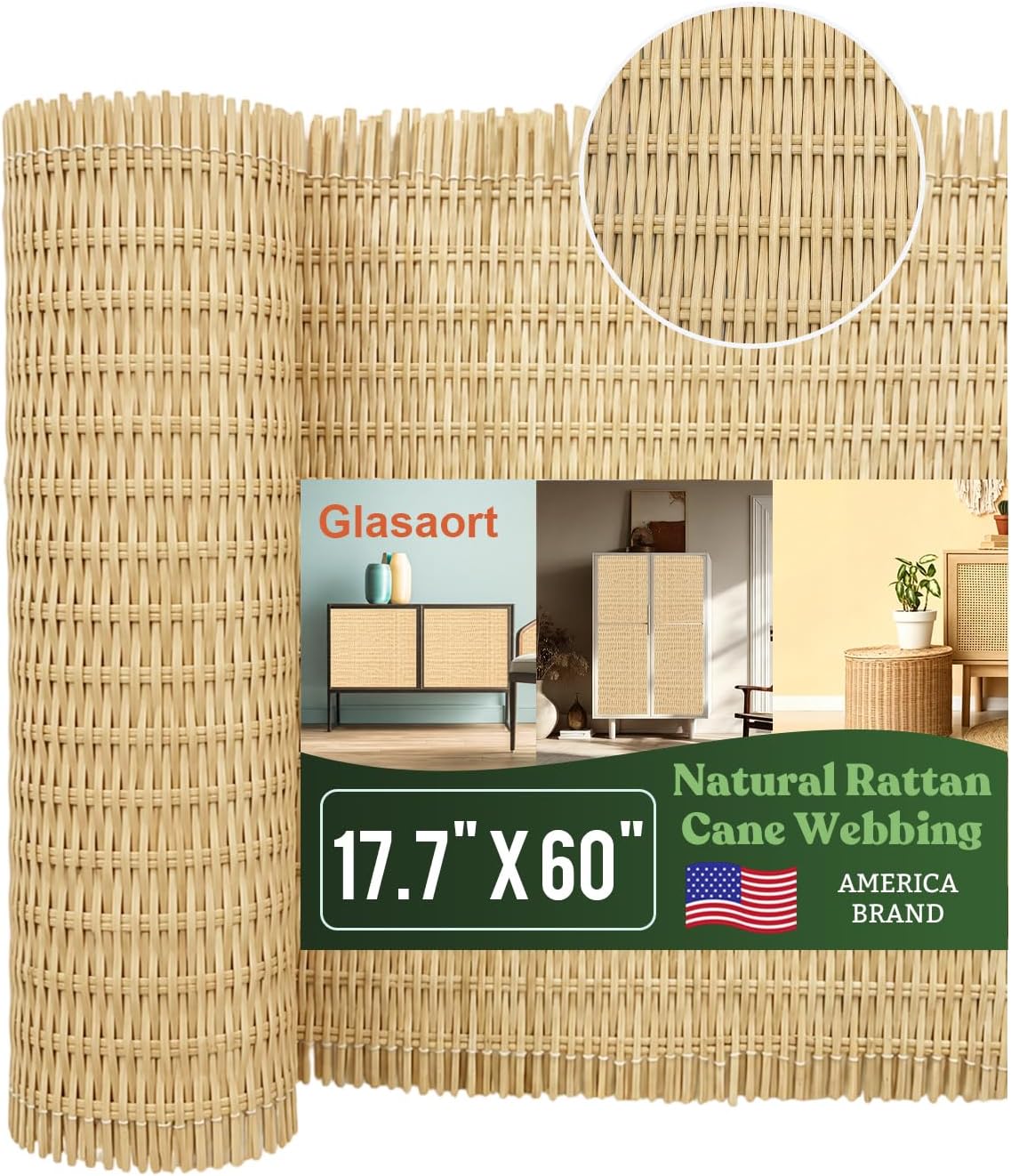 17.5" x 5FT Natural Rattan Cane Webbing Roll, Caning Material