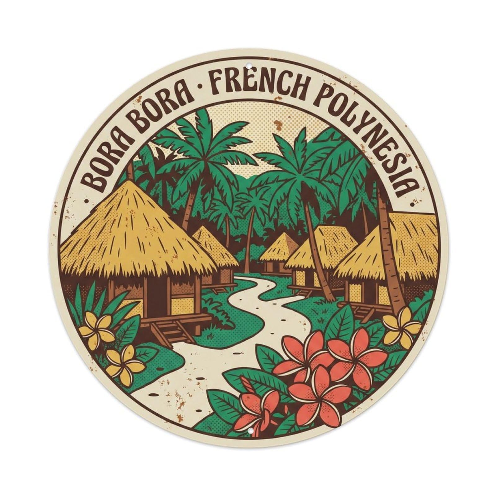 Olyhtr 8X8inch Classic Style Borabora Thatched Roof Village Retro Polynesian Metal Tin Sign