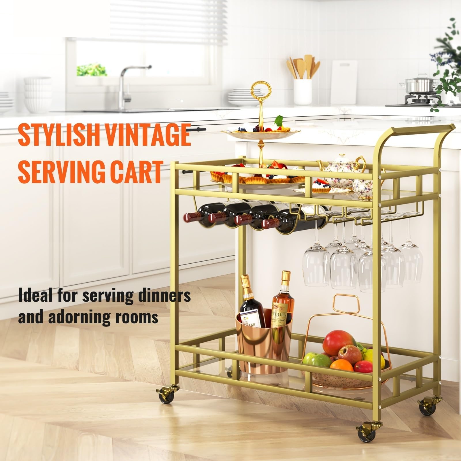 Chariot de bar en D avec roues verrouillables, étagères en verre trempé, idéal pour servir à la maison, chariot de service à roulettes élégant pour salle à manger ou cuisine
