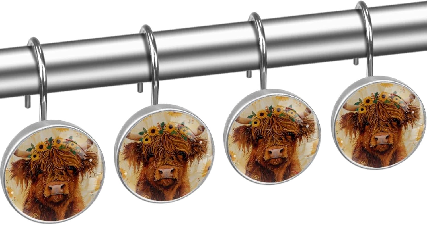 Highland Cow Sunflowers Shower Curtain Hooks, Rustproof Shower Curtain Rings for Bathroom, Metal Decorative Shower Curtain Hooks Hangers for Shower Curtain Rod, Set of 12