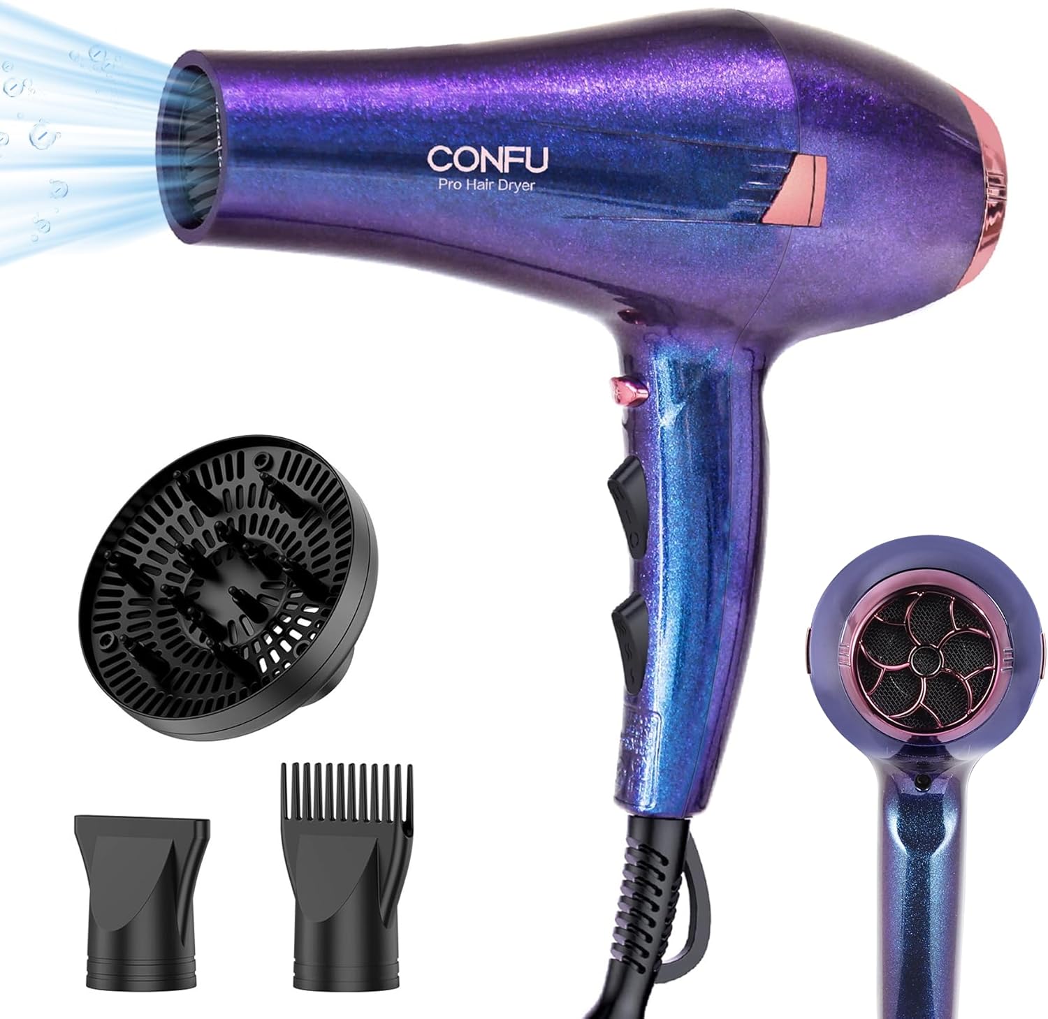 CONFU Hair Dryer, Professional Ionic Salon Blow Dryer with Diffuser for Women and Men, 5X Fast Drying, Powerful and Quiet Hair Blow Dryer for Fast & Easy Styling (1875 Watts) Purple