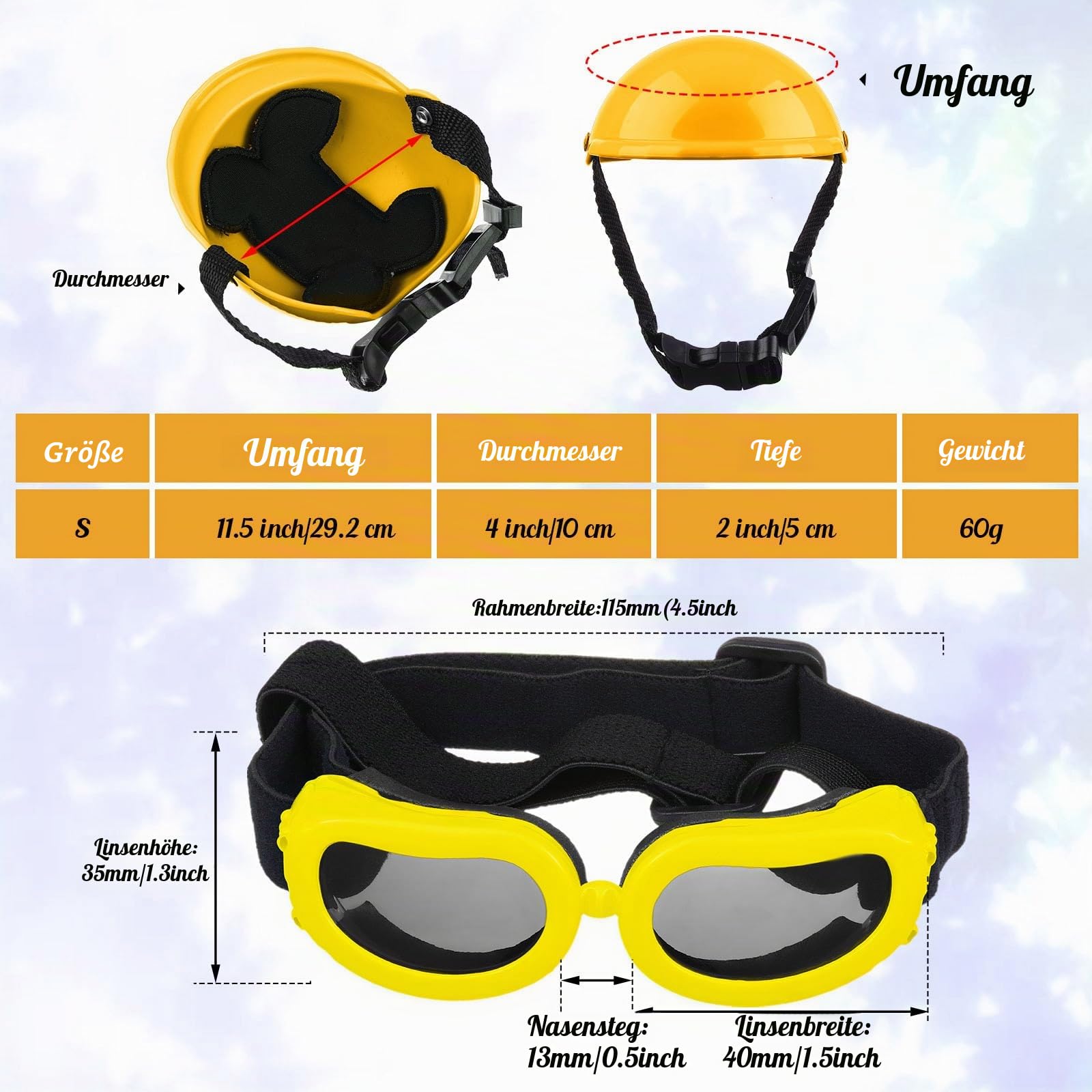 Haustier-Hundehelm und Hundebrillen-Set, gepolstert, 10.2 cm, Motorradhelm, Hunde-Sonnenbrille, Sicherheitskappe, entzückende Welpenbrille mit verstellbarem Gürtel für kleine Hunde, Größe S (Gelb)