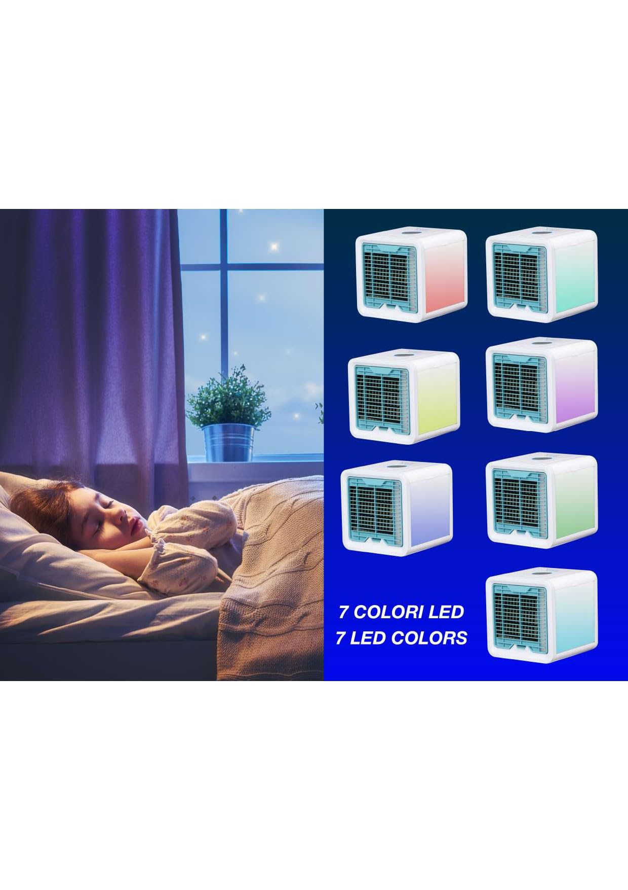 Beper P206RAF200 Mini Raffrescatore Da Tavolo, Umidificatore, Climatizzatore Personale Portatile, Cavo USB, 3 Velocità, 7 Luci Led Cromoterapia, Mini Air Cooler