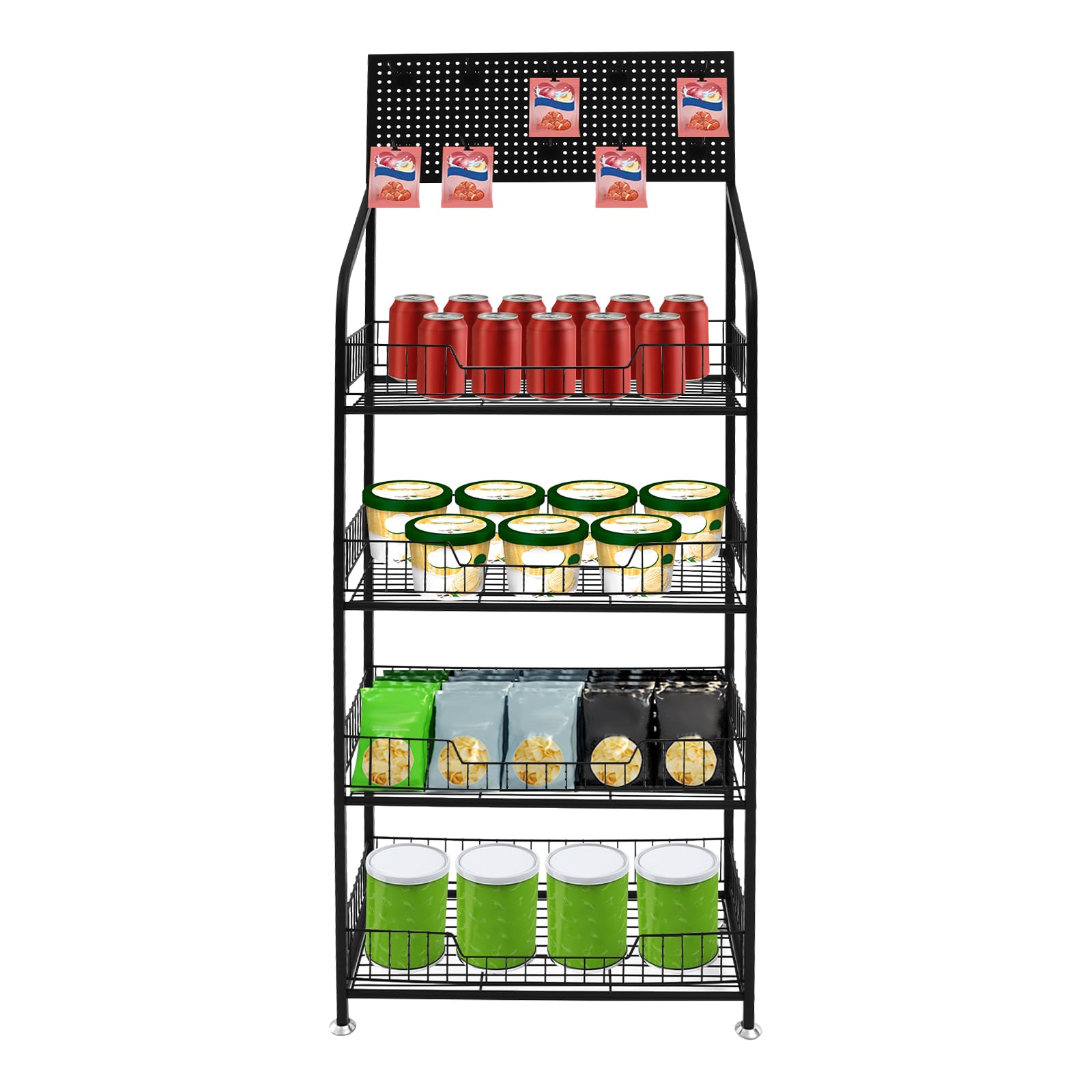 Hanmorfarbi Supermarket Shelf Drink Rack, Multilevel Snack Shelf with Hooks, Small Shelf for Kiosk Grocery Store, Convenience Store Display Shelf with Rollers (4 Tier Black, Adjustable feet)