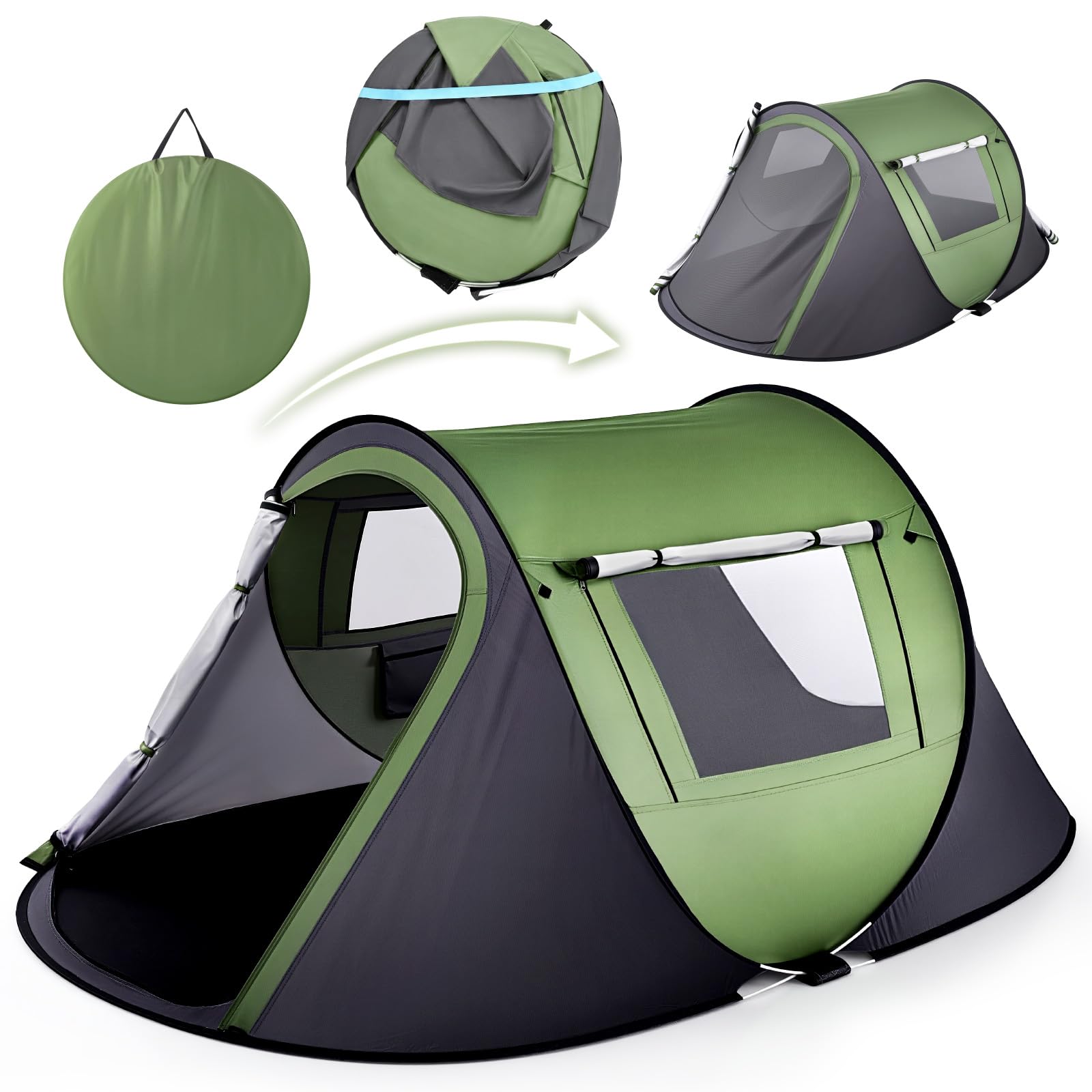 Warmiehomy Pop Up Tent for 3-4 Person, Instant Automatic Camping Tent with 3-Second Setup, Waterproof & Portable Outdoor Shelter Family Tent with Two Doors & Windows for Hiking, Picnic, Beach, Green