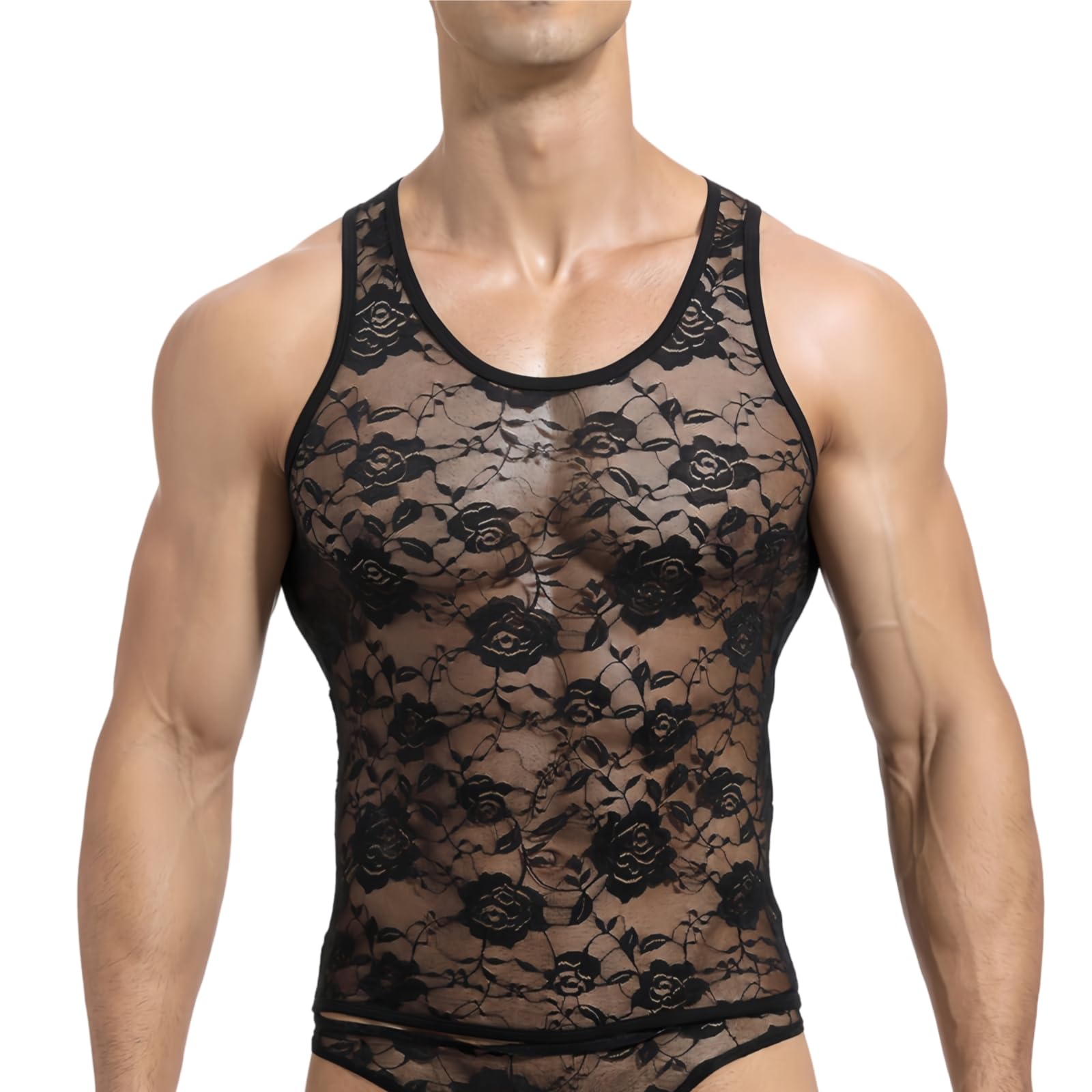 Men's Floral Lace Vest Top Sexy Mesh See Through Sleeveless Shirts Round Neck Muscle Tank Tops Novelty Party Clubwear Music Festivals Rave Outfits