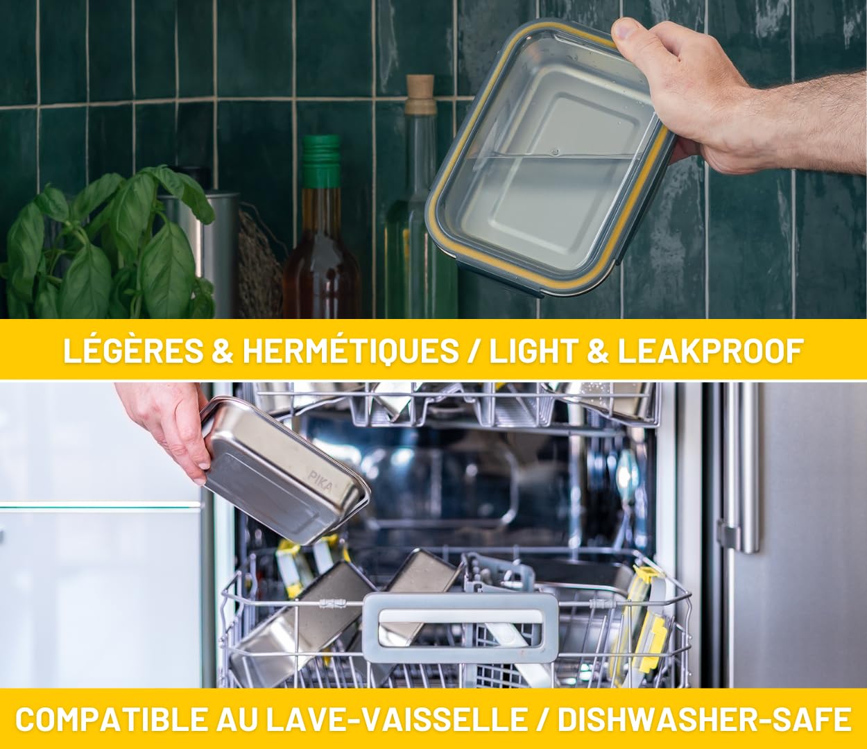 Pika | Lot de 5 boites alimentaires en inox |1x 5000ml + 2x 1300ml + 2x 650ml | Spécial Batch cooking | Compatible au micro-ondes, four, congélateur | Rangement facile