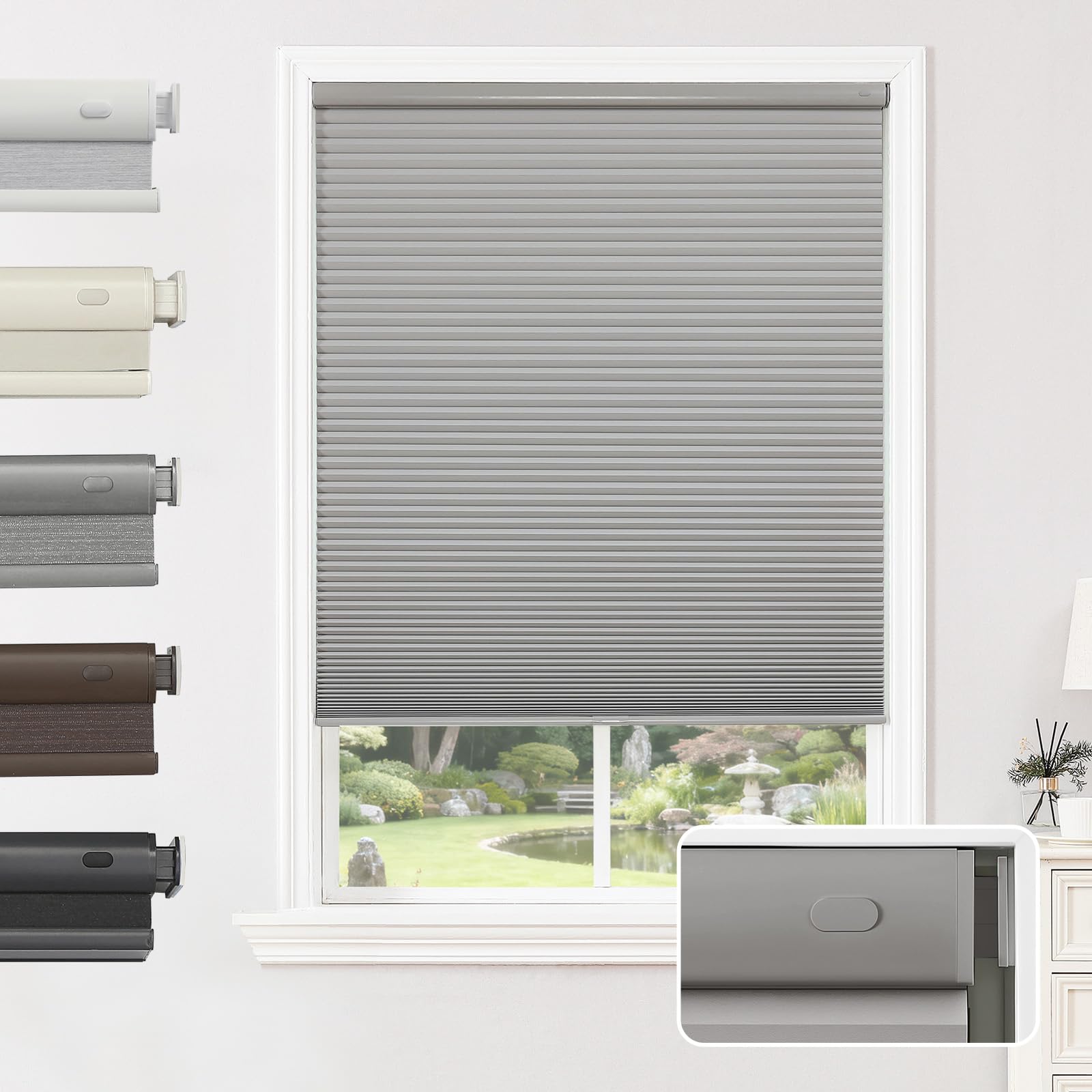 Joydeco No Tools No Drill Window Blinds for Indoor Windows, Blackout Shades Cellular Shades Cordless, No Drill Blinds for Windows, Window Shades for Home, Bedrooms, Doors (Grey, 27" W x 64" H)