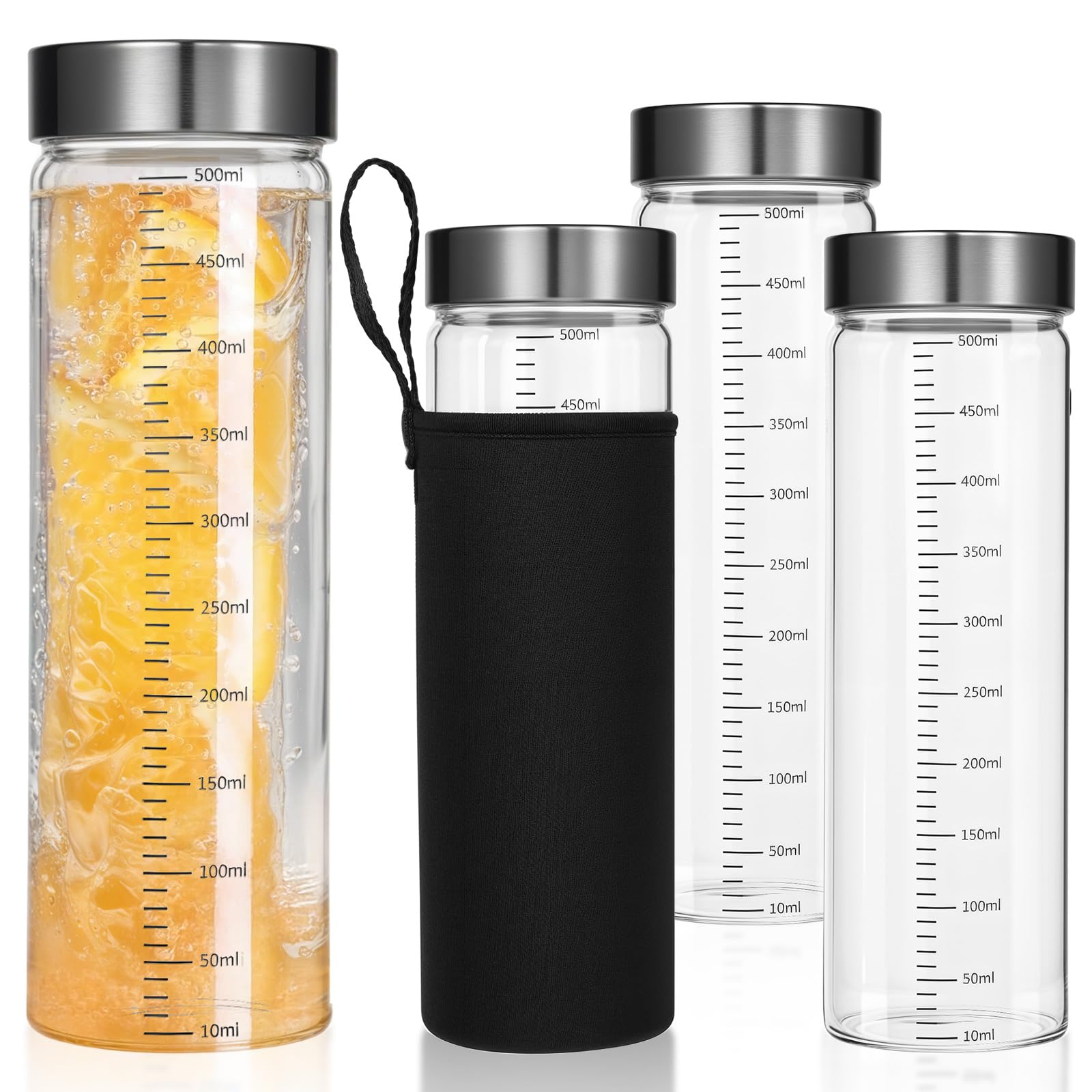 mekueeex 17Oz Glass Juice Bottles with Lids- 4 Pack Glass Shaker Bottles with Marking for Protein Mix,Juicing,Beverage,Water,Smoothies, Milk,Reusable Mason Jars