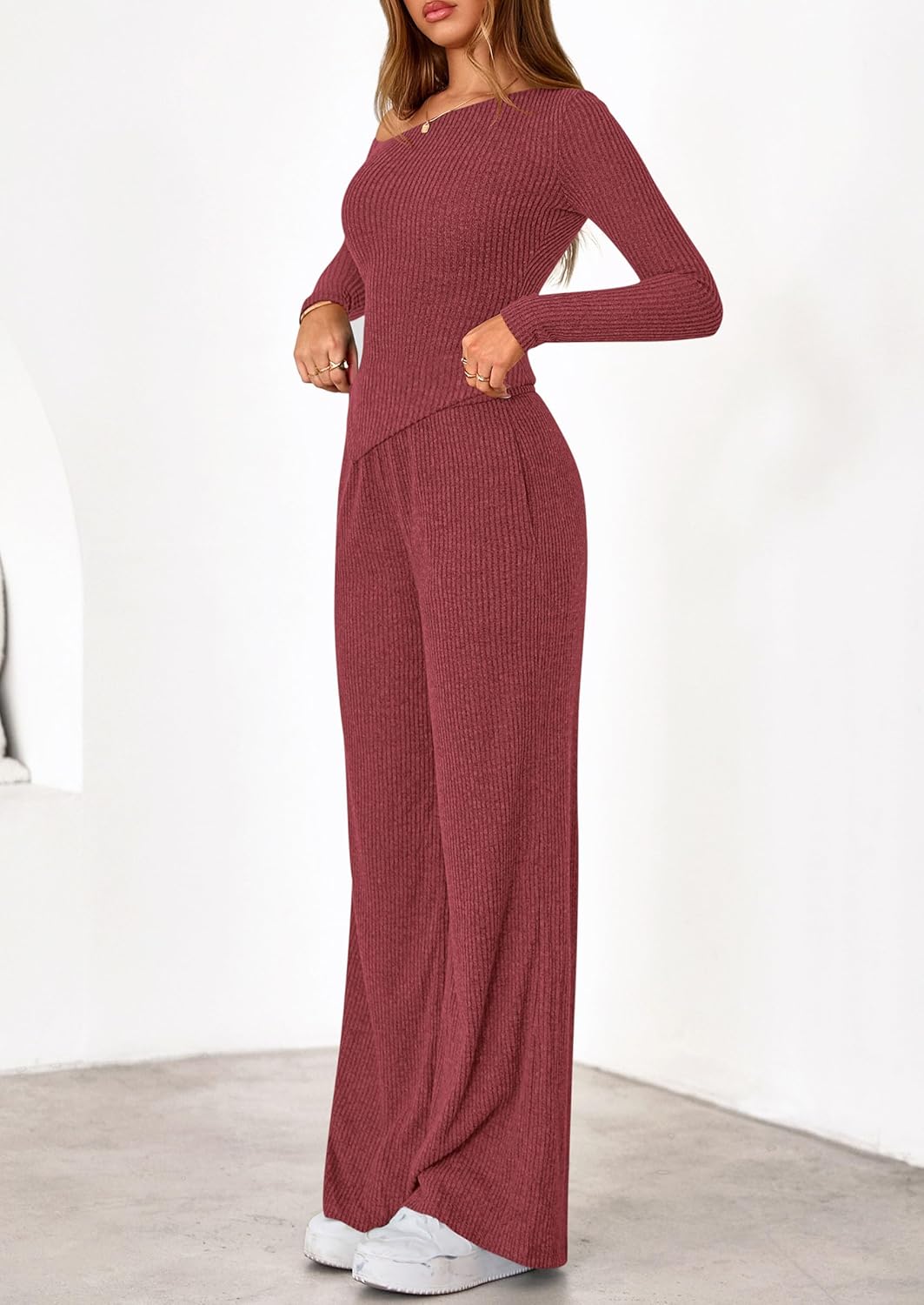 PRETTYGARDEN Fall Two Piece Sets For Women 2026 Off Shoulder Tops Long Pants Knit Matching Lounge Set Airport Travel Outfits - Image 3